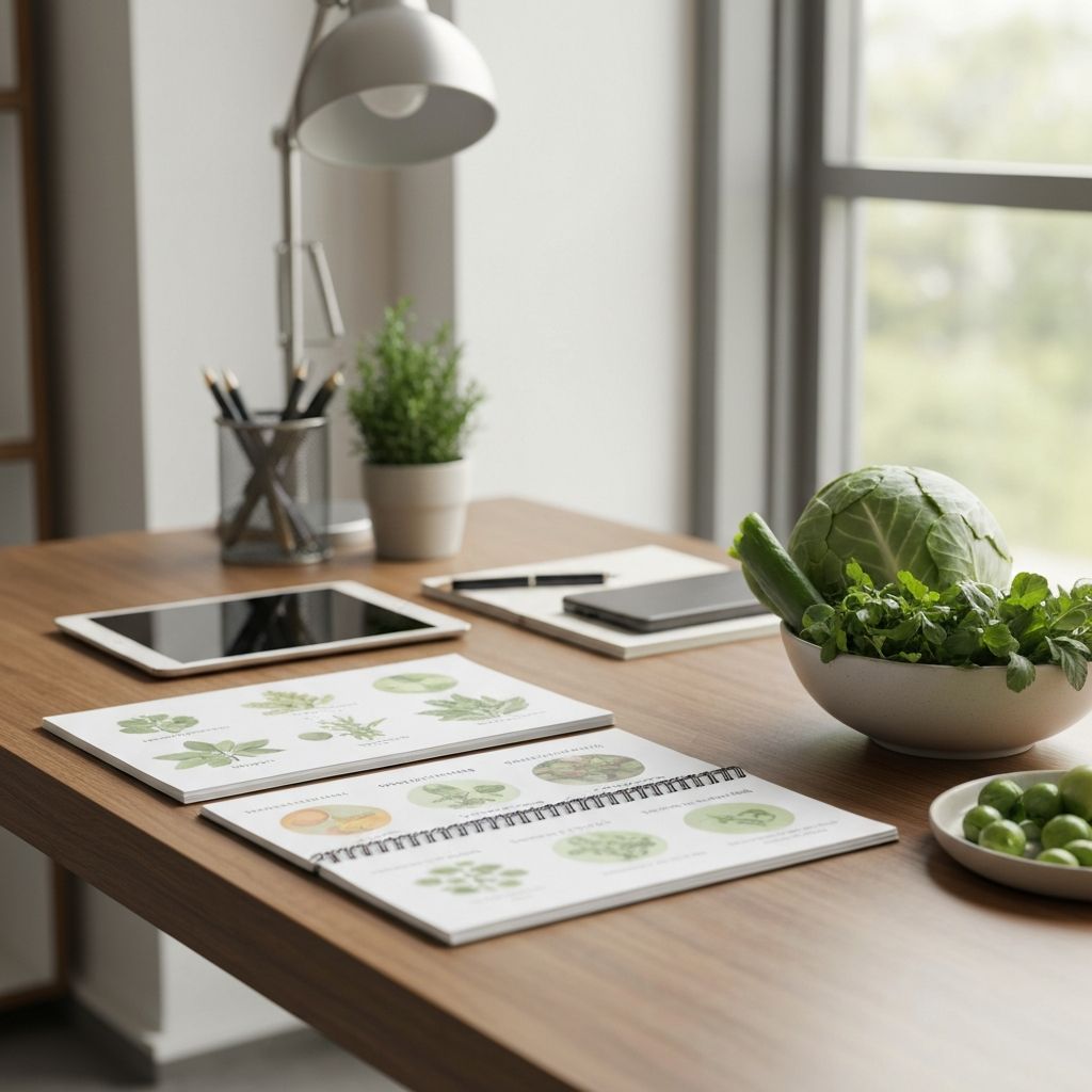Ernährungswissenschaftler-Arbeitsplatz mit botanischen Notizen